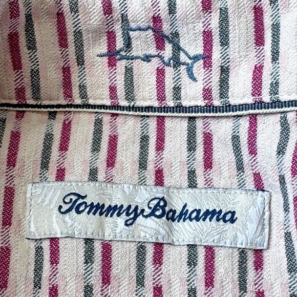 Tommy Bahama XXL Silk Shirt Pink Gray Striped Short Sleeve Button Front Resort - Picture 6 of 14
